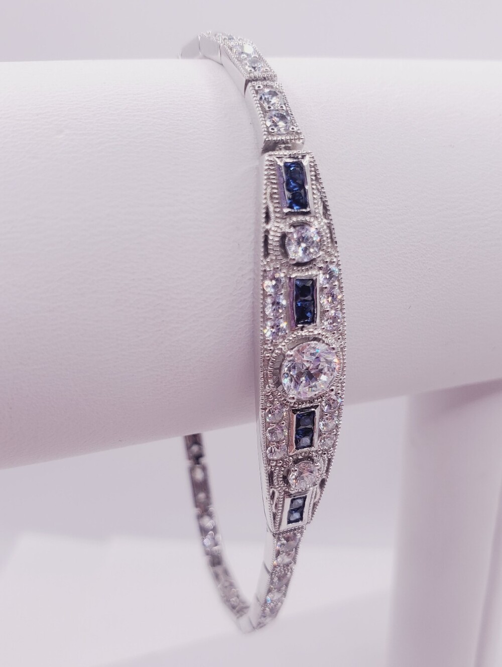 925 Sterling Silver Sapphire Blue Cz & Diamond Simulant Bracelet
